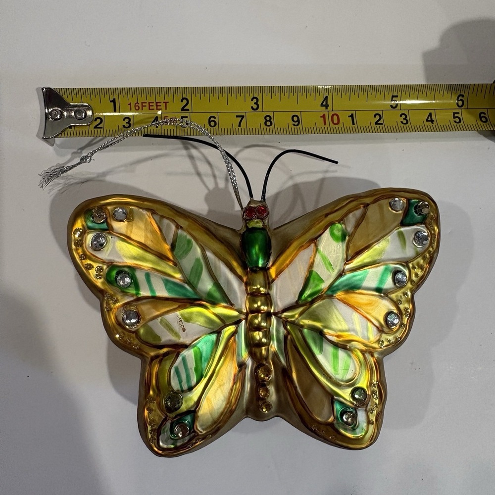 Vintage Hand Blown Glass Butterfly Ornament Gold Green Jeweled Christmas Decor - Picture 6 of 7